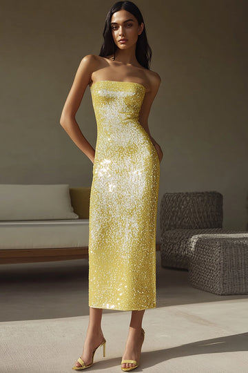 Robe longue formelle jaune scintillante sans bretelles à sequins